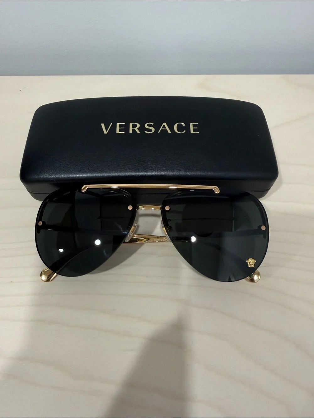 Versace Gold VE2231 Frame Aviator Sunglasses with Dark Gray Lenses